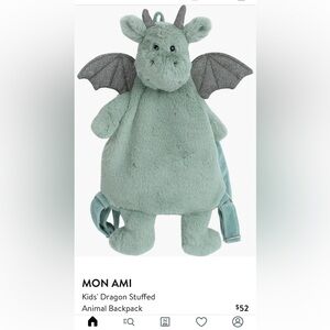Mon Ami | Dax the dragon backpack, soft, blue, kids stuffed backpack NEW w/tags